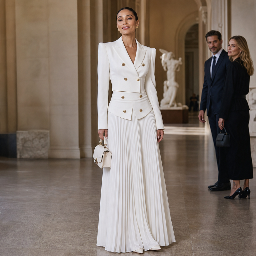 Poiseform – Cropped Padded Blazer And Pleated Midi Skirt Set
