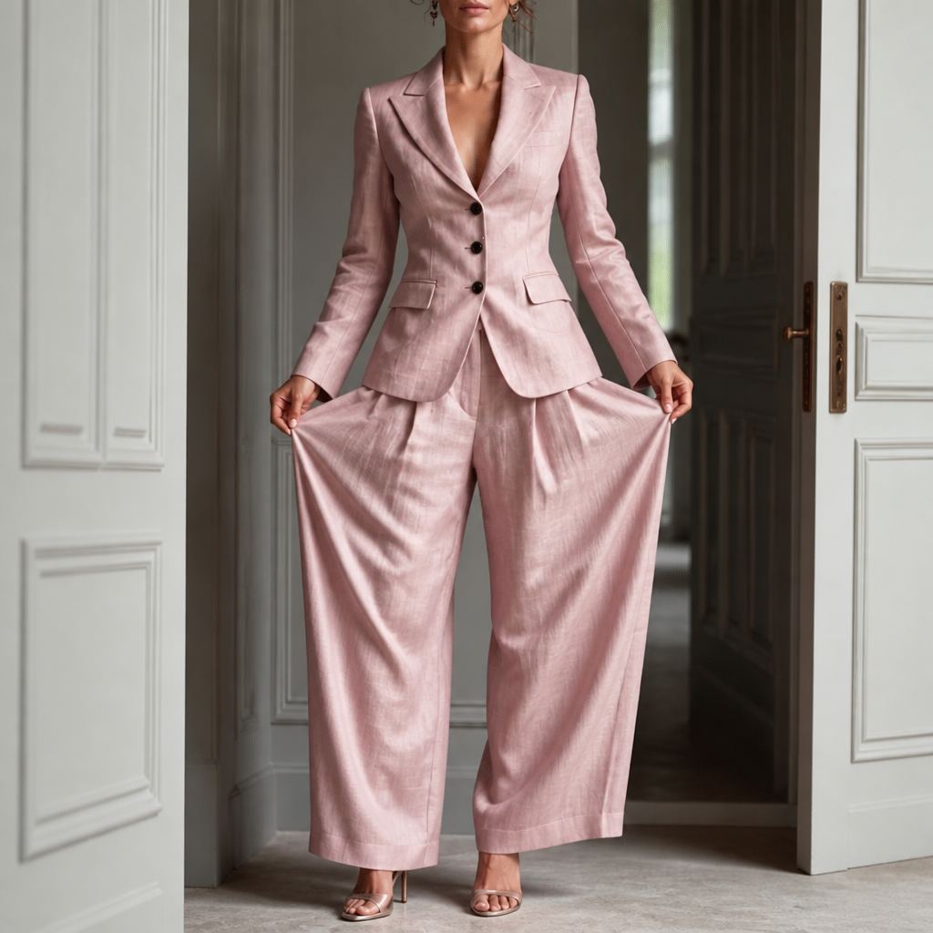 Linelle – Pleated High-Waist Wide-Leg Blazer Suit Set