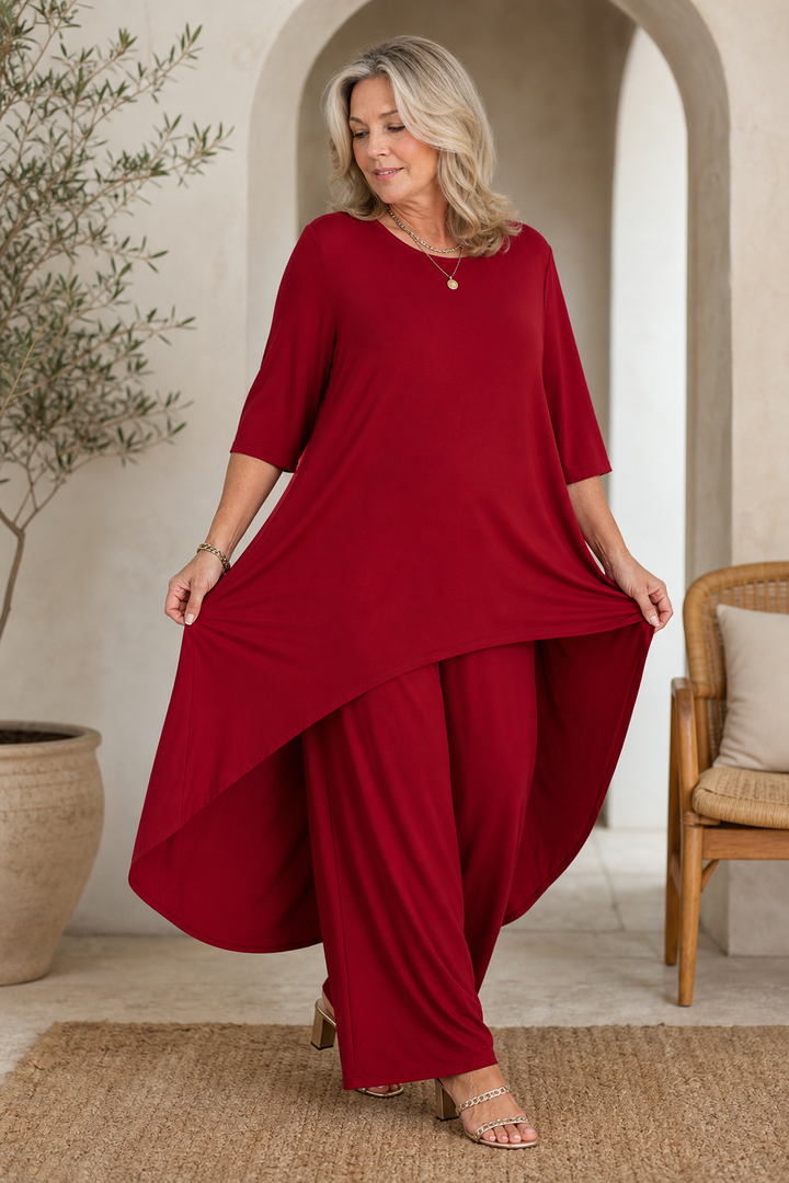 Lineve – Asymmetric Diagonal-Hem Top And Wide-Leg Pants Set