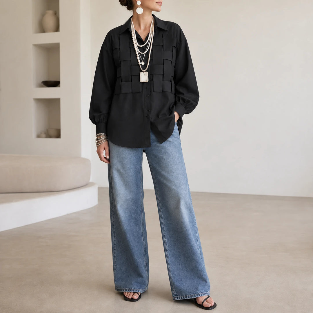 Wovelle – Raised Woven-Check Long-Sleeve Blouse