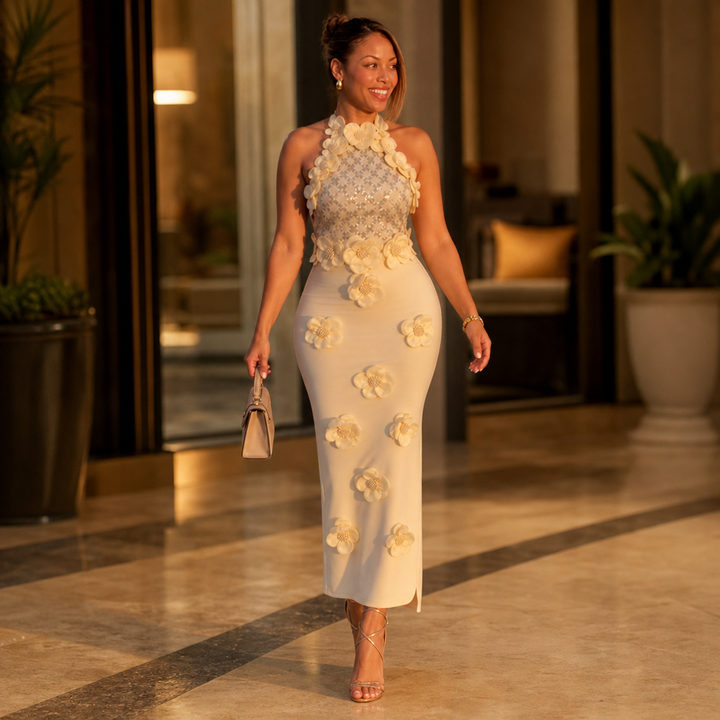 Fioretta – Floral Appliqué Sequin-Bodice Halter Maxi Dress