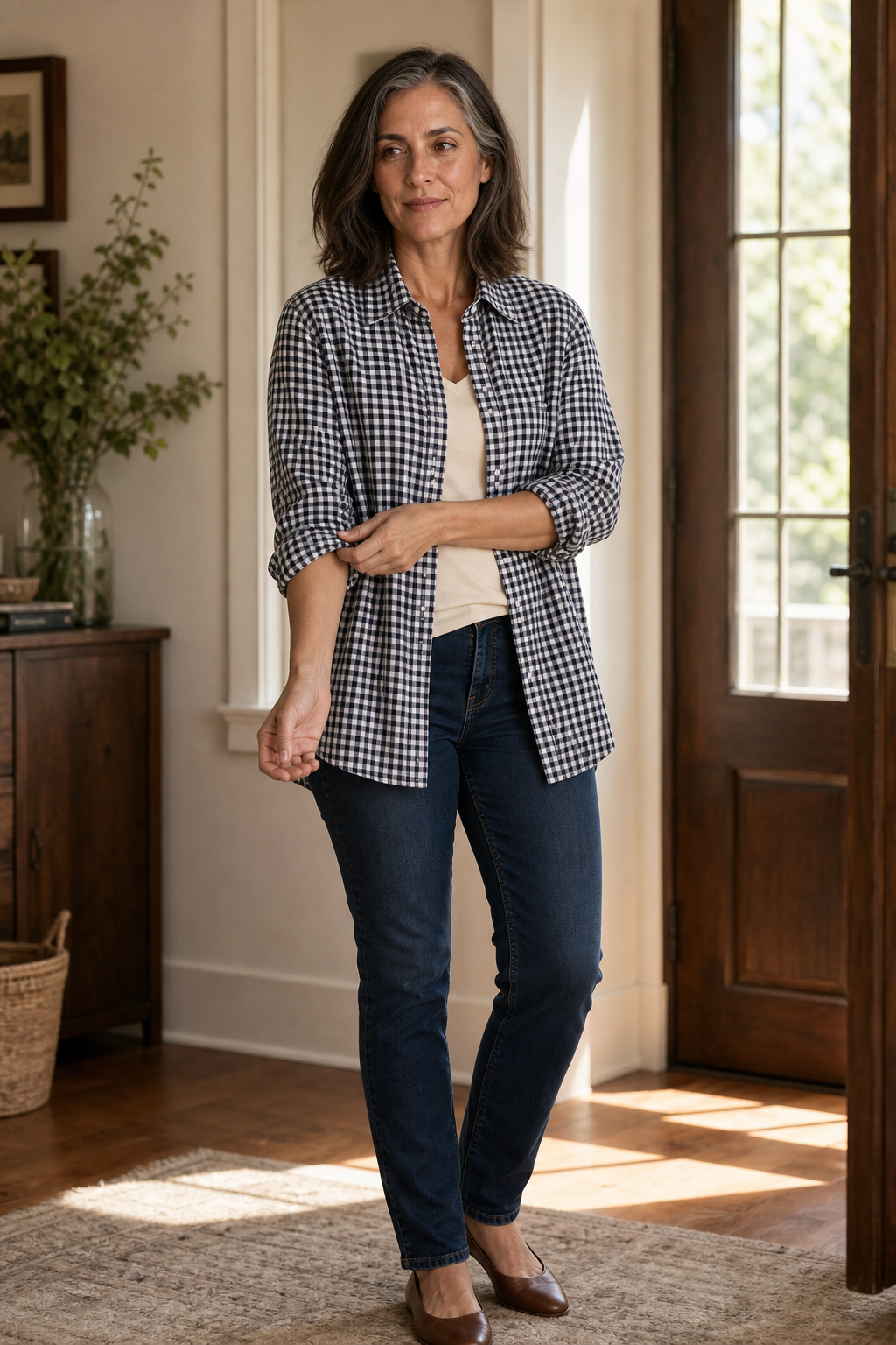 Checkered Long-Sleeve Button-Up Shirt For Women