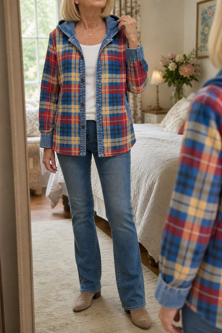 [BrandName] – Denim-Trim Hooded Knit Cardigan