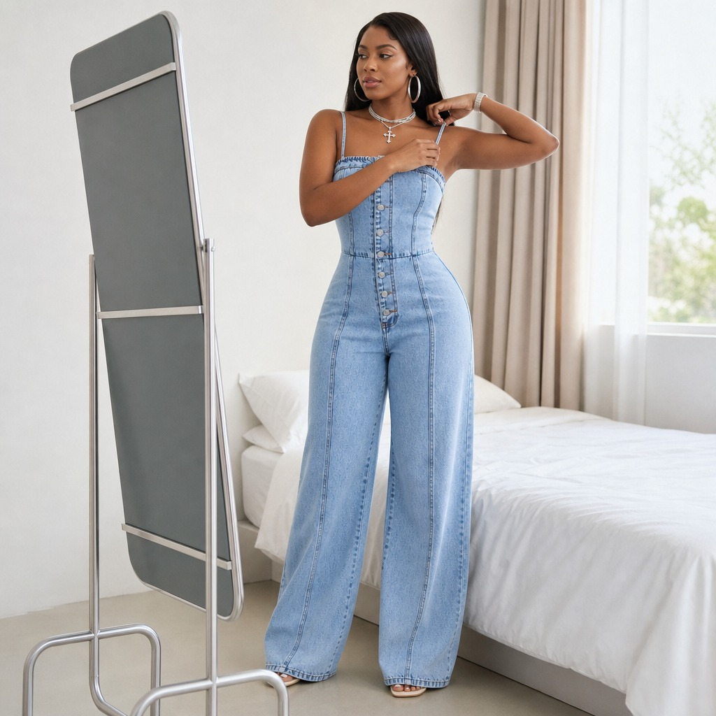 Wearbella – Wide Leg Spaghetti Strap Denim Jumpsuit