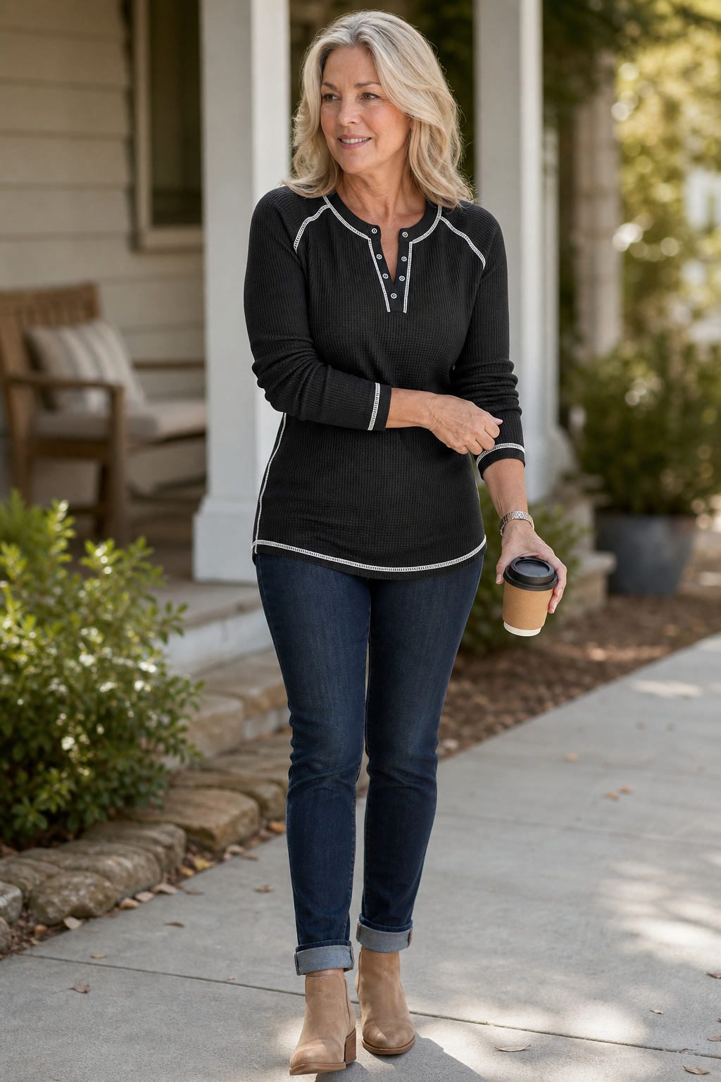 Wearbella – Waffle Knit Contrast Stitch Henley Top