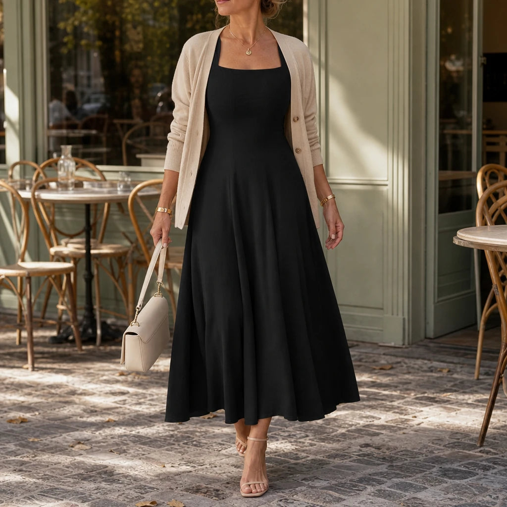 Alina – Square Neck Fitted Bodice A-Line Midi Dress