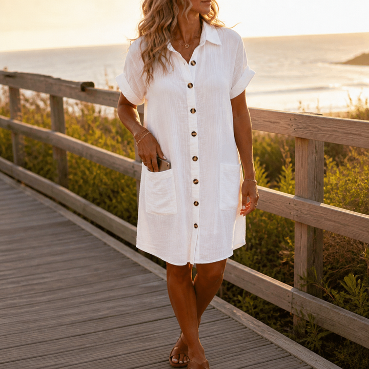 Daywear – Buttoned Short Sleeve Pocket Shirt Dress