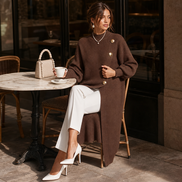Wearbella – Gold-Tone Button Asymmetric Ribbed Knit Tunic
