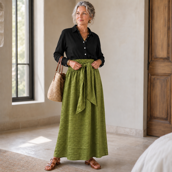 Olive & Onyx – Button Shirt And Tie-Waist Midi Skirt Set