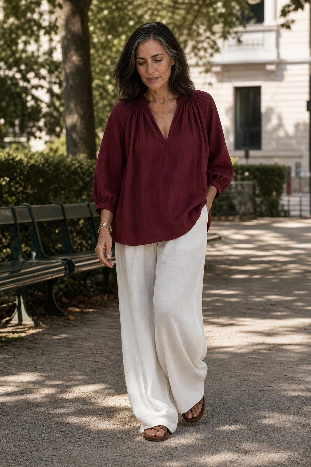 Amselle – Ruched Collar Blouse And Wide Leg Pants Set