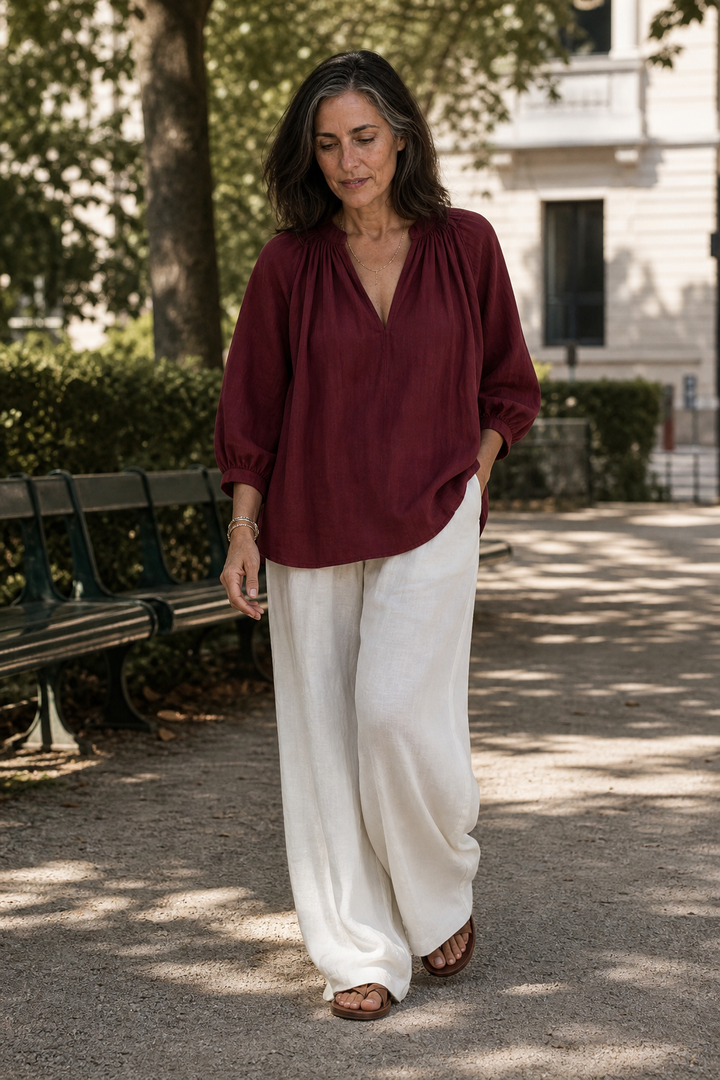 Amselle – Ruched Collar Blouse And Wide Leg Pants Set