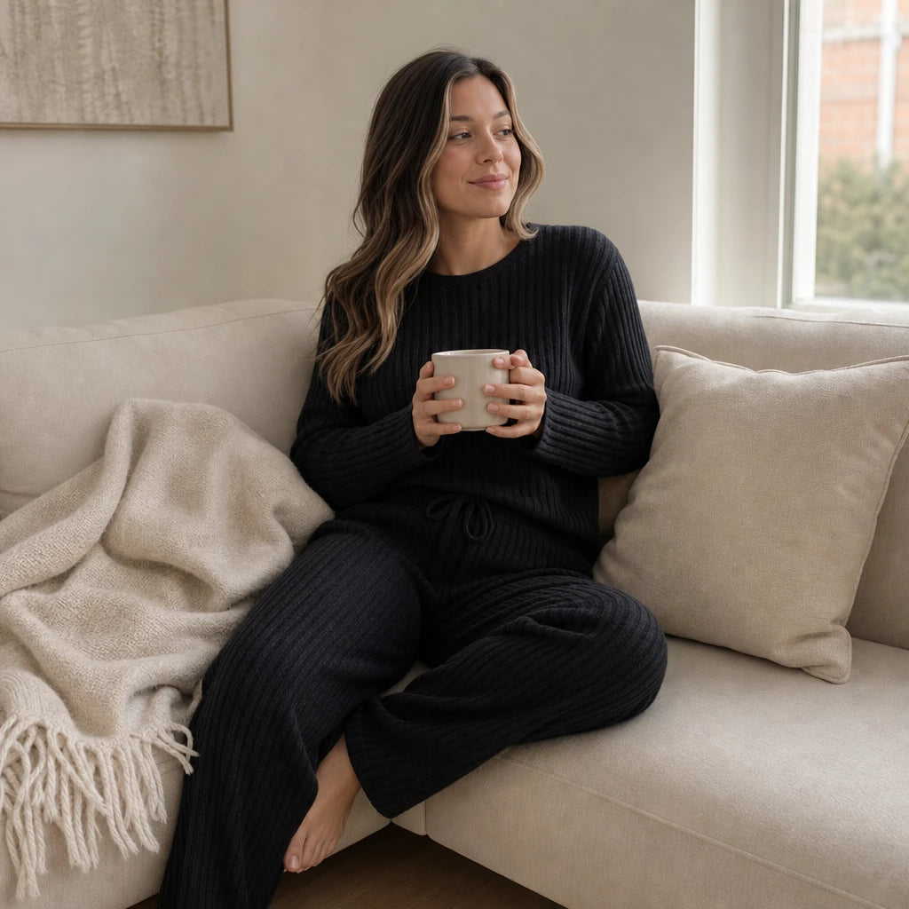 Ribbella – Ribbed-Knit Top And Straight-Leg Pants Set
