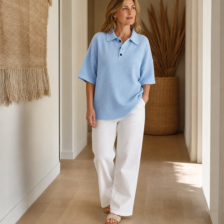 Waffield – Waffle-Knit Open-Collar Polo Blouse