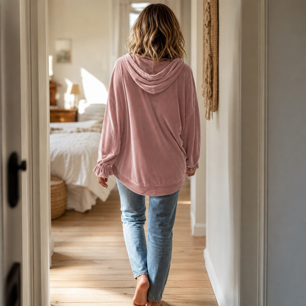 Wearbella – Ruffle Cuff Velvet Relaxed Hoodie