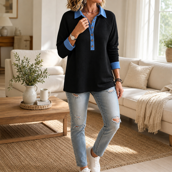 Denimelle – Denim-Trim V-Neck Knit Top