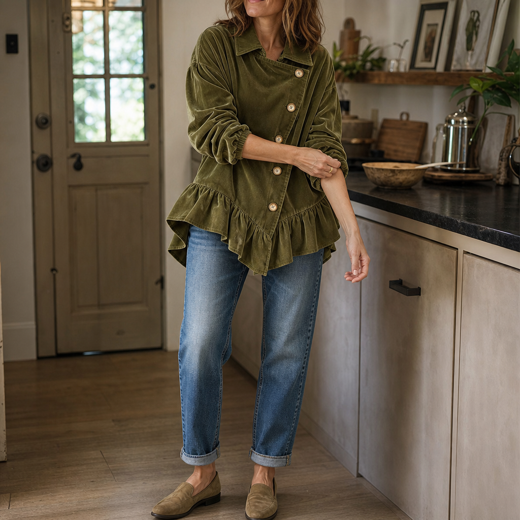 Velvetta – Asymmetric Button Cowl-Neck Peplum Top