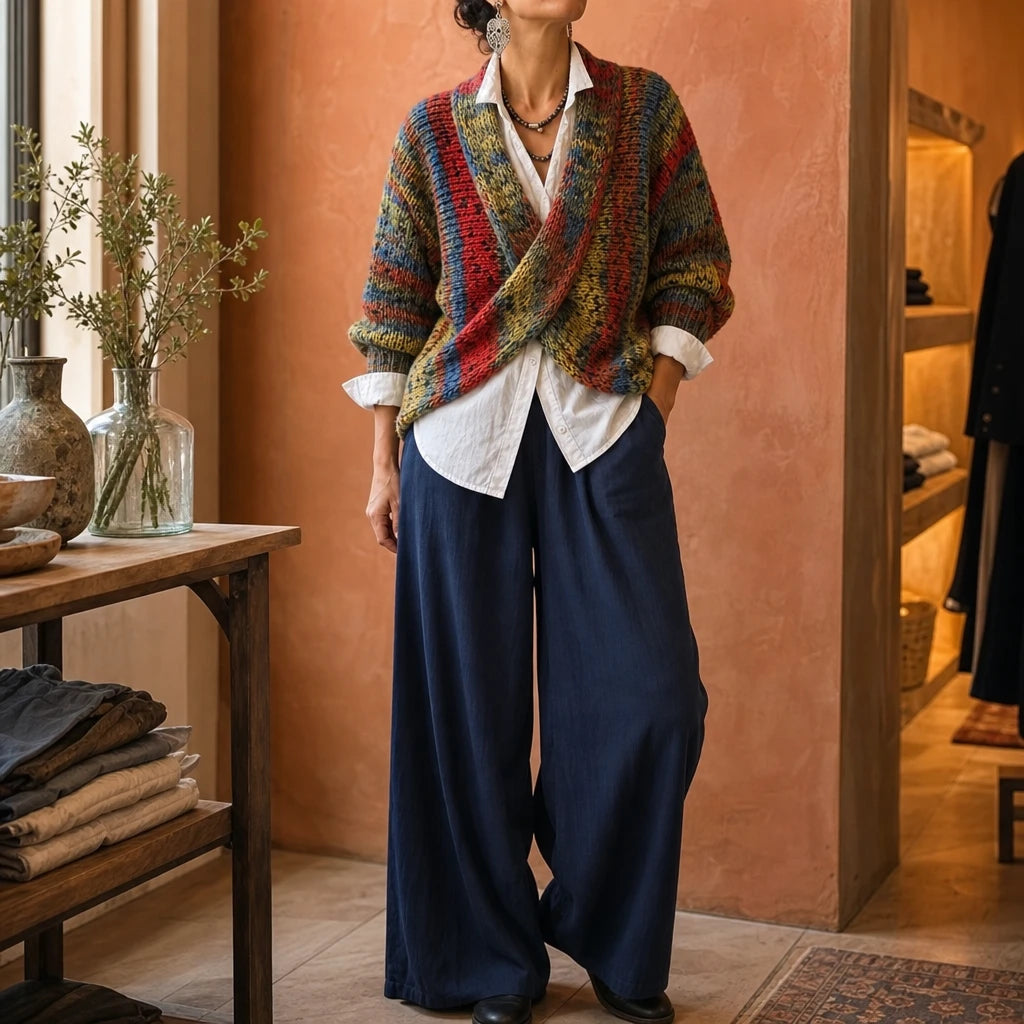 Wrapelle – Striped Wrap-Front Knit Pullover