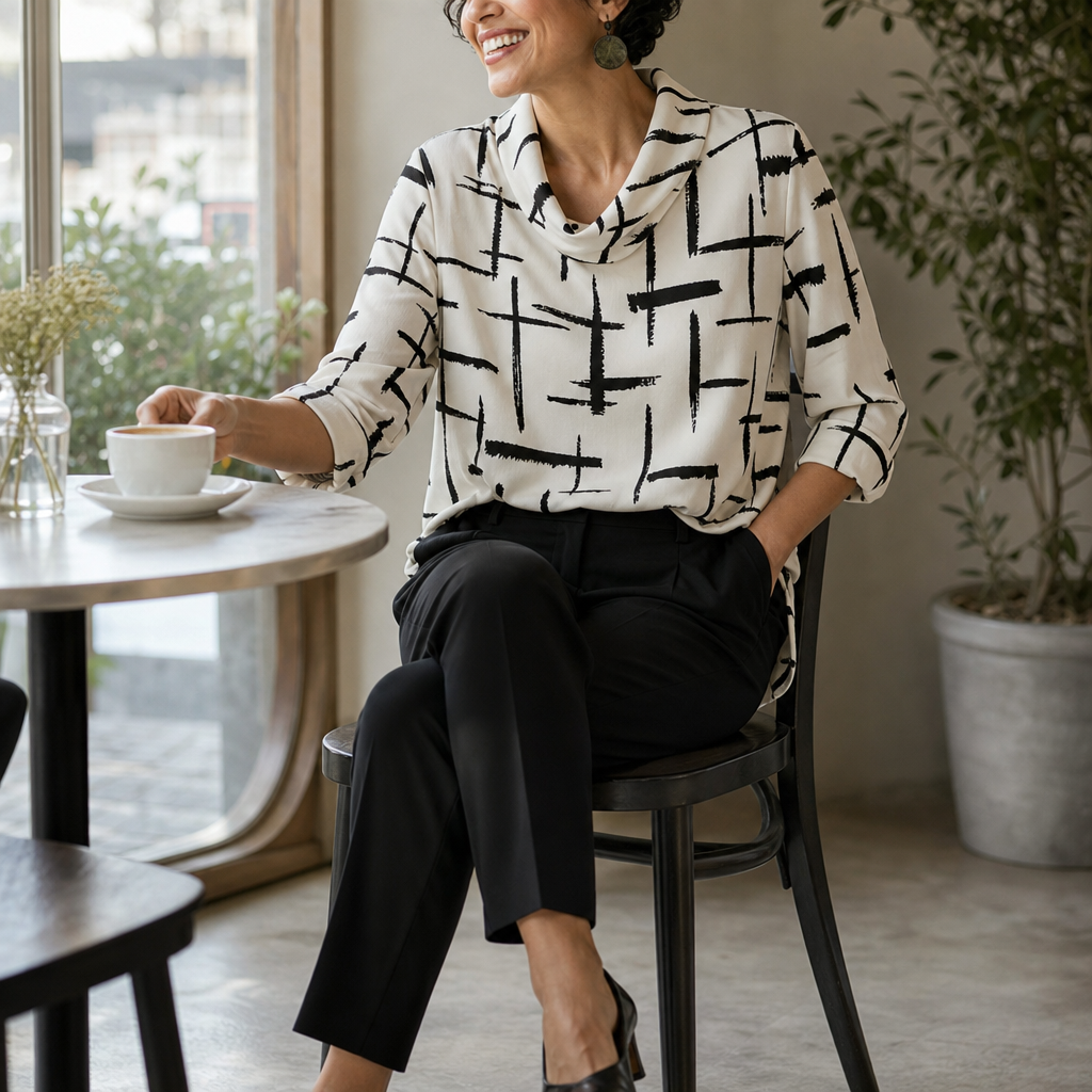 Cowlina – Cross-Print Cowl-Neck 3/4-Sleeve Blouse