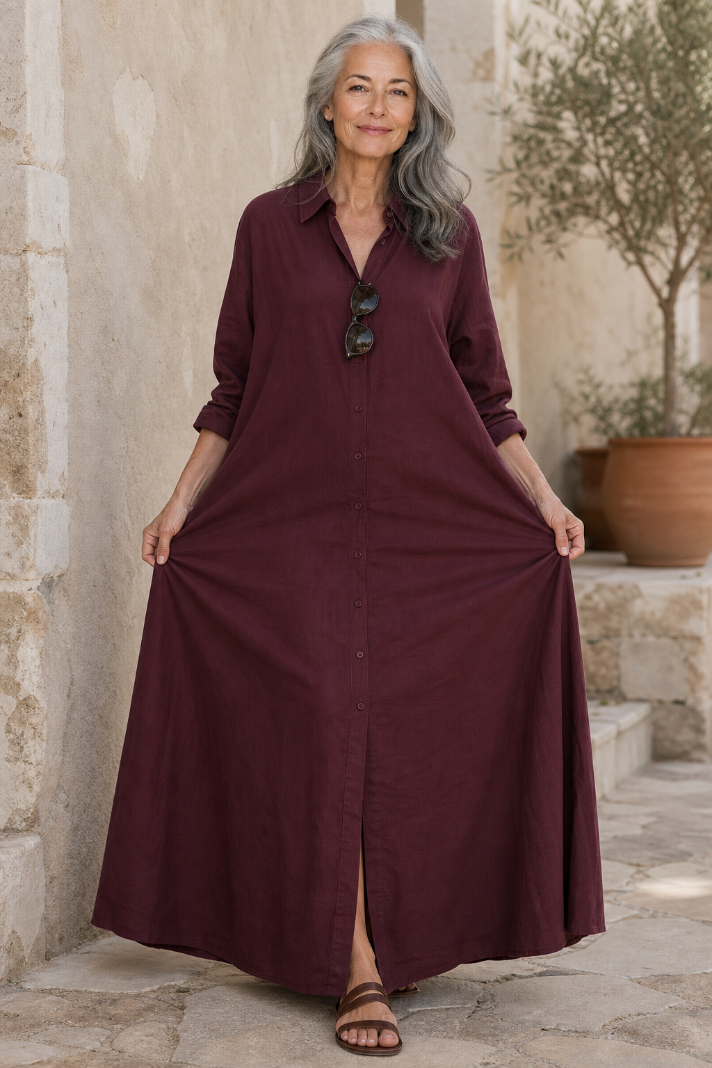 Wearbella – Oversized Cotton-Linen Maxi Shirt Dress