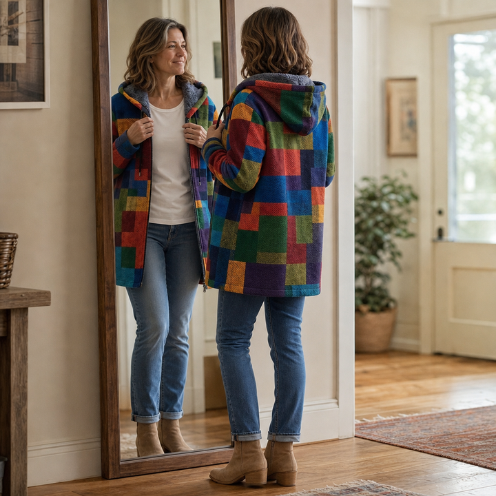 Patchwork Muse – Colorful Patchwork Hooded Cardigan
