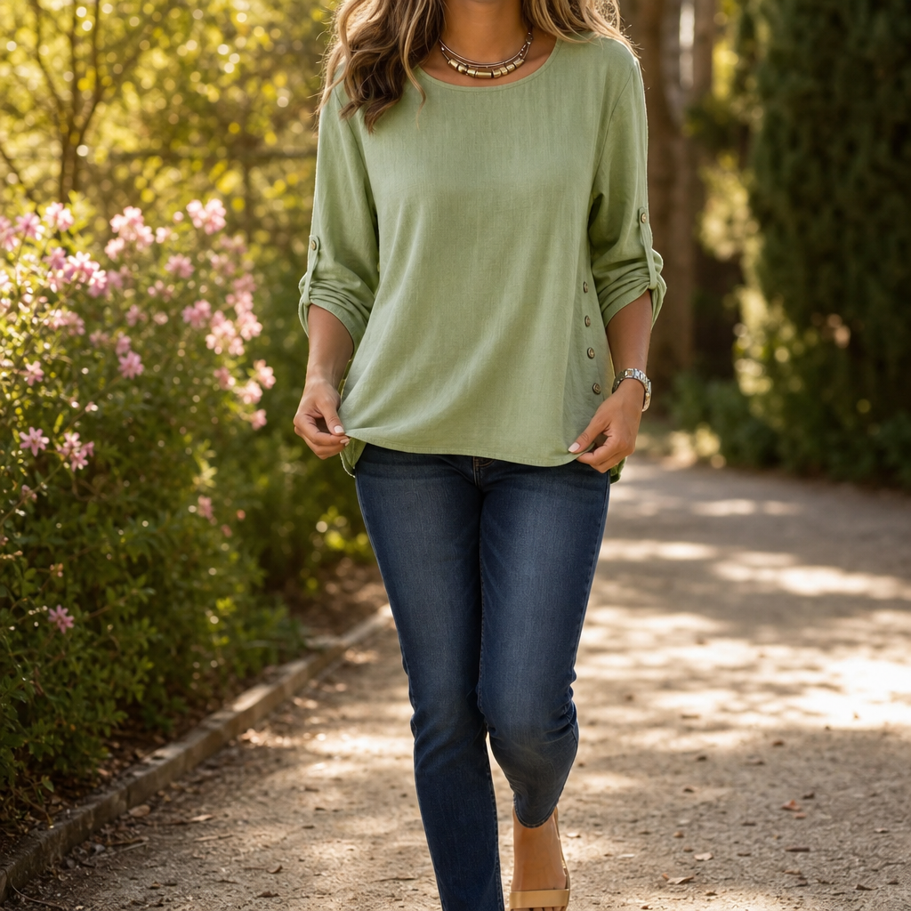 Lunalin – Side-Button Relaxed-Fit Linen Blend Top