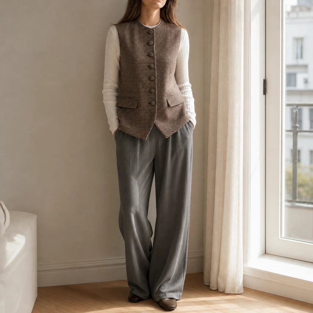 Houndstooth & Hem – Houndstooth Stand-Collar Tweed Vest