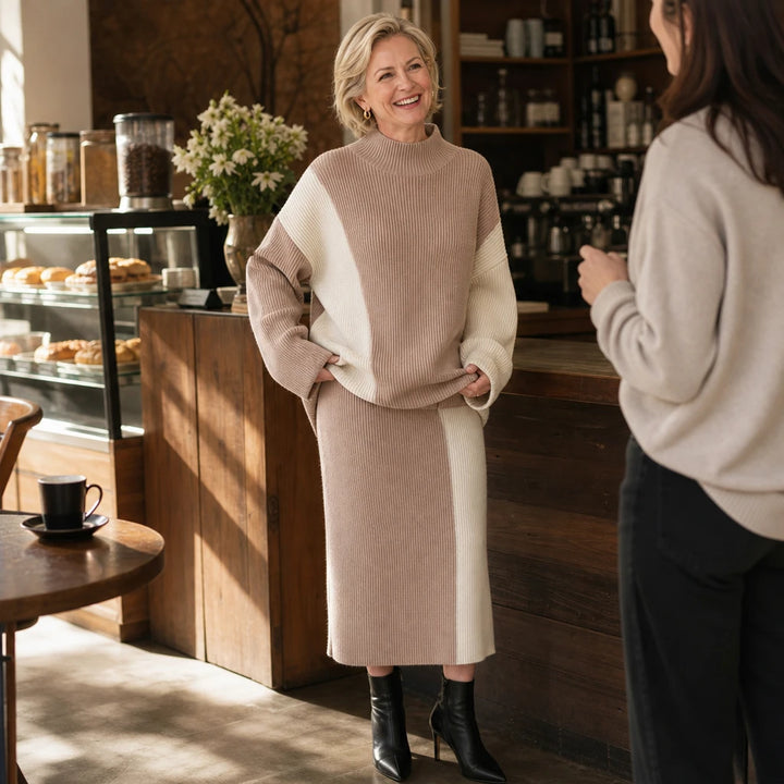 Vellora – Contrast Panel Sweater And Skirt Set