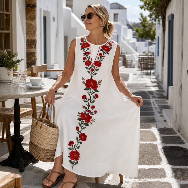 Lineluxe – Red Embroidered Sleeveless Maxi Dress