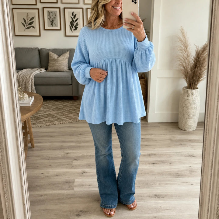 Cozyelle – Gathered Empire-Waist Waffle-Knit Top