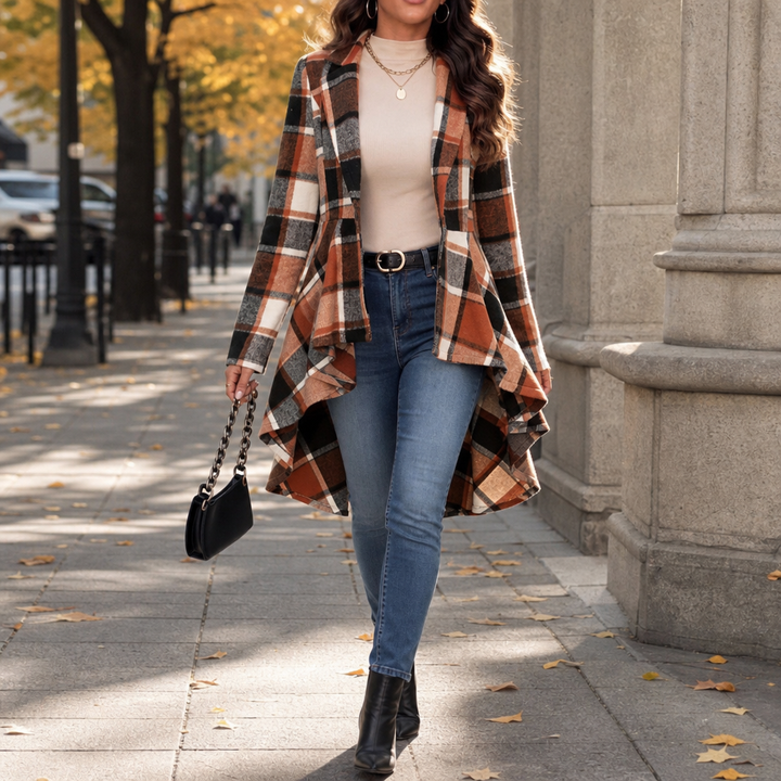 Wearbella – Cinched-Waist High-Low Plaid Peplum Coat