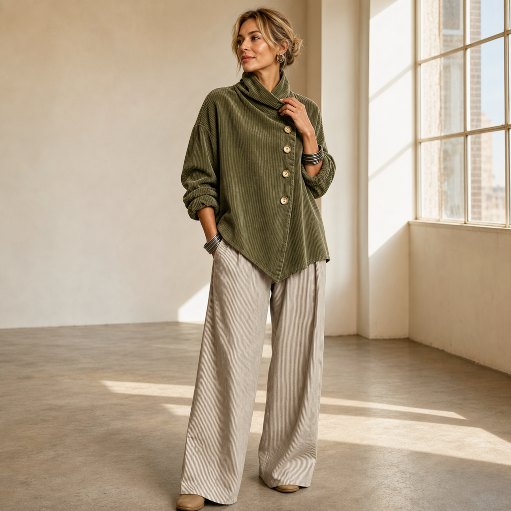 Foldover – Asymmetric Placket Funnel Neck Corduroy Top
