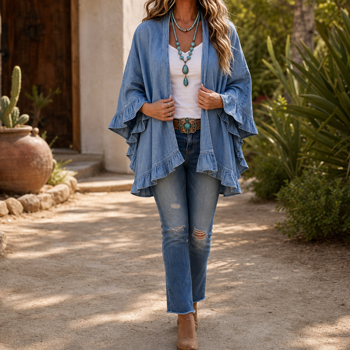 Ruffledenim – Ruffle-Trim Open-Front Denim Cardigan