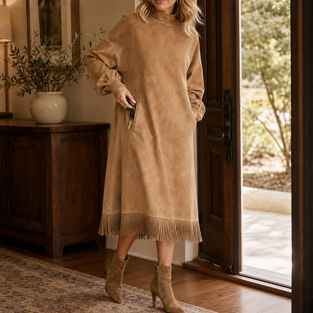Tasselina – High-Neck Faux-Suede Tassel-Hem Dress