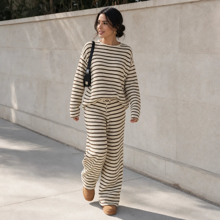 Stripe & Ease – Striped Long-Sleeve Top And Wide-Leg Pants Set