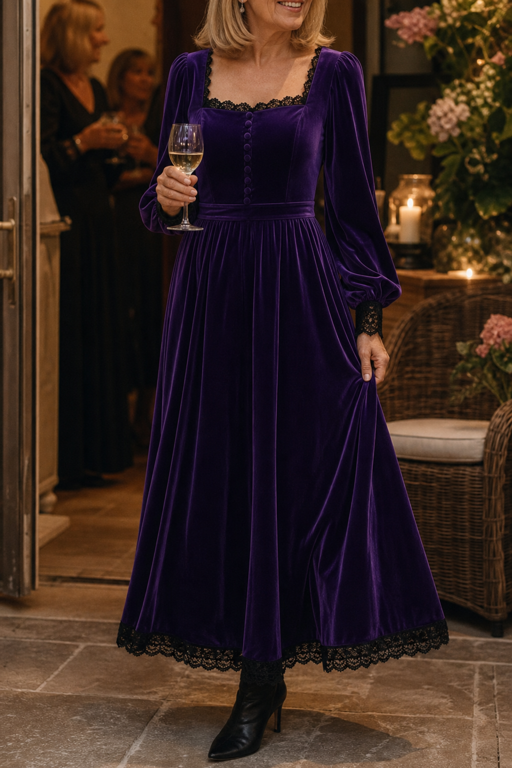Velourette – Square Neck Fitted Waist Velvet Midi Dress