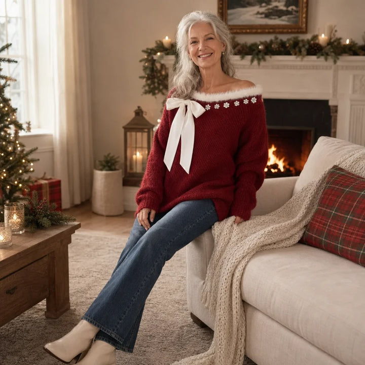 Hollytrim – Bow Floral Plush-Trim Christmas Sweater