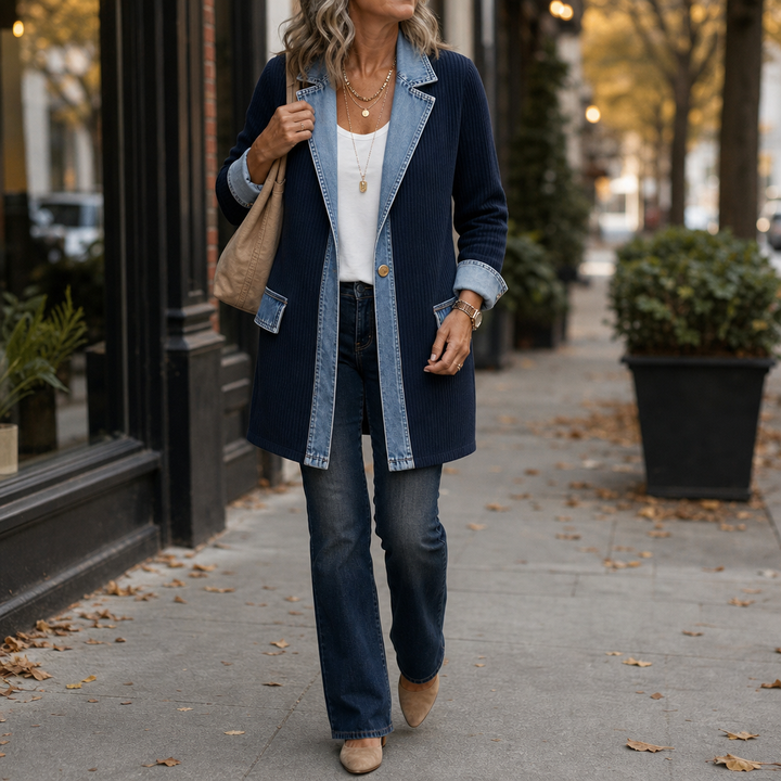 Wearbella – Spliced Denim Ribbed-Knit Longline Jacket