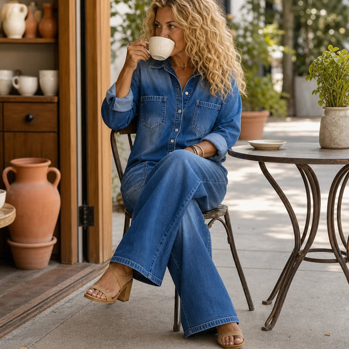 Denimbelle – Button-Front Wide-Leg Denim Jumpsuit