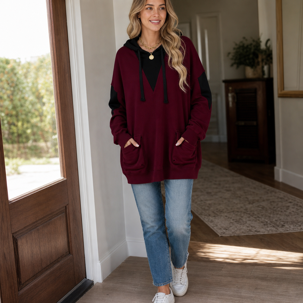 Vela – V-Neck Color-Block Oversized Hoodie
