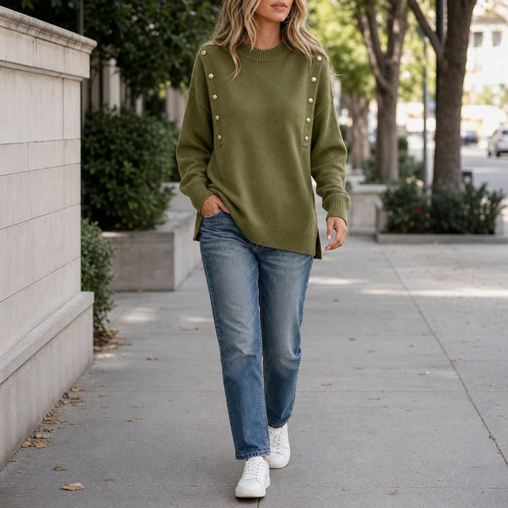 Buttonelle – Gold-Tone Button Shoulder Knit Sweater