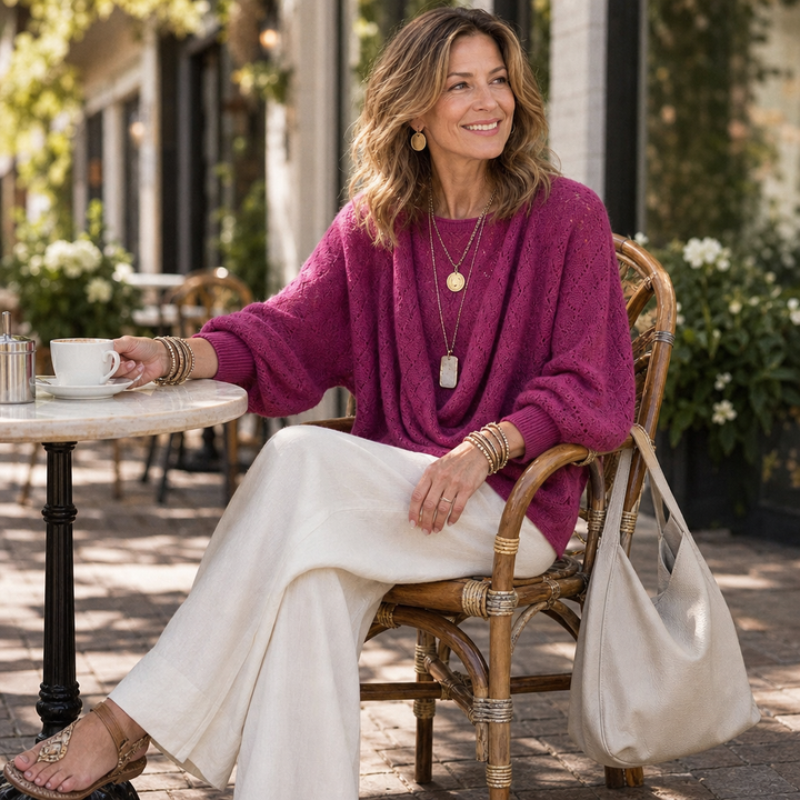 Cowl & Bloom – Diamond Openwork Cowl-Neck Knit Top