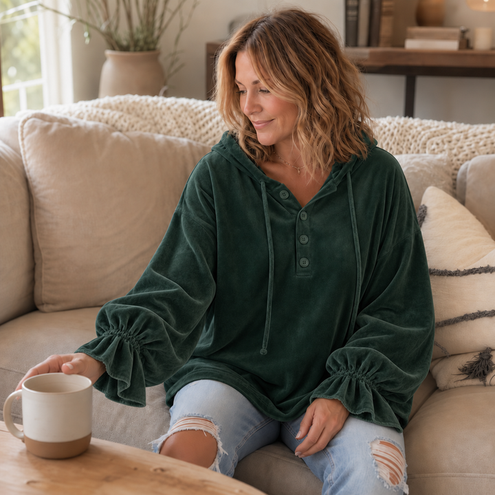 Drapella – Lantern Sleeve Ruffled Cuff Hoodie