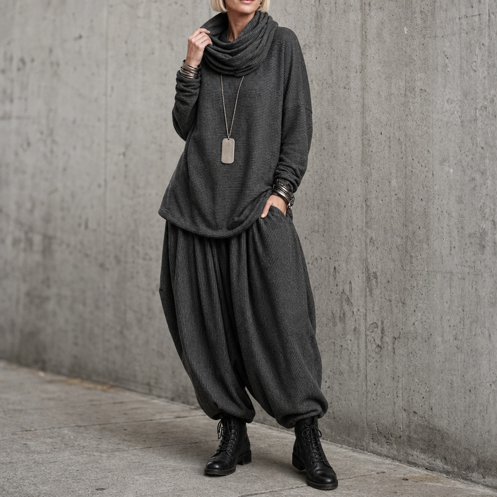 Pinstripe Poise – Draped High-Neck Top And Lantern Pants Set