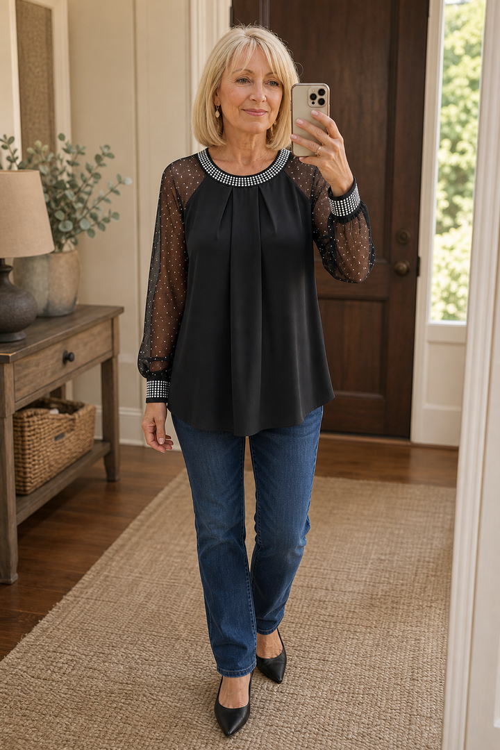 Wearbella – Sequin-Trim Sheer-Sleeve Pleated Blouse
