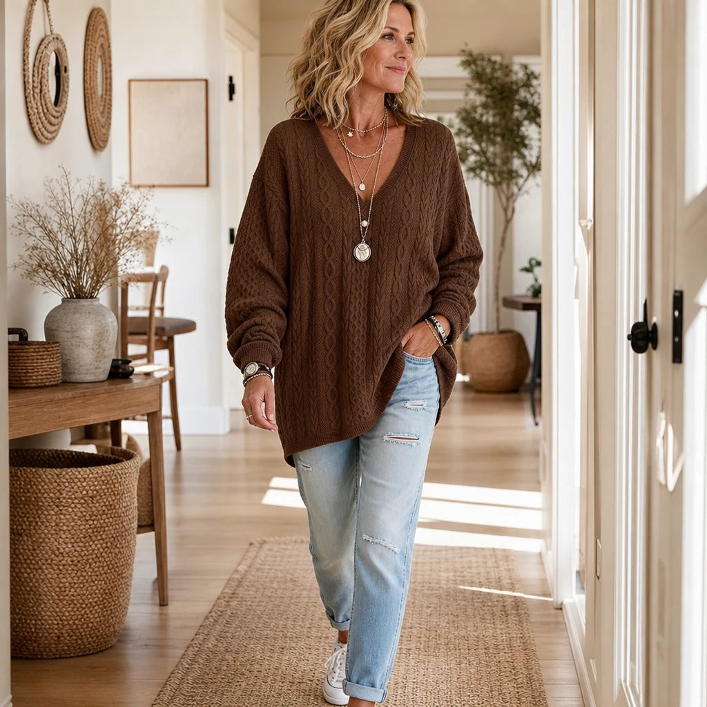 Vela – Loose V-Neck Cotton-Blend Top