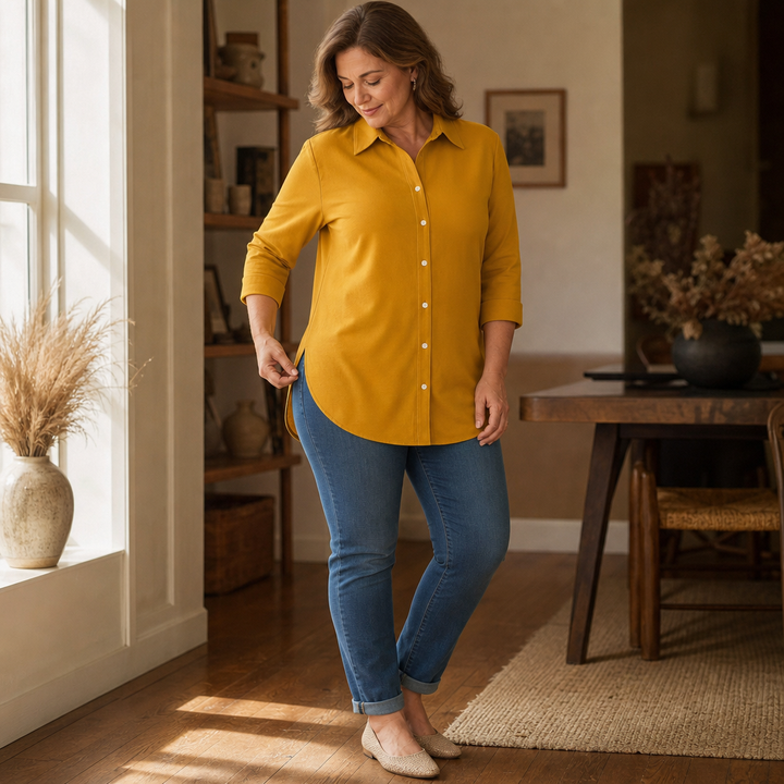 Elara Curve – Curved-Hem Stretch Button-Front Shirt