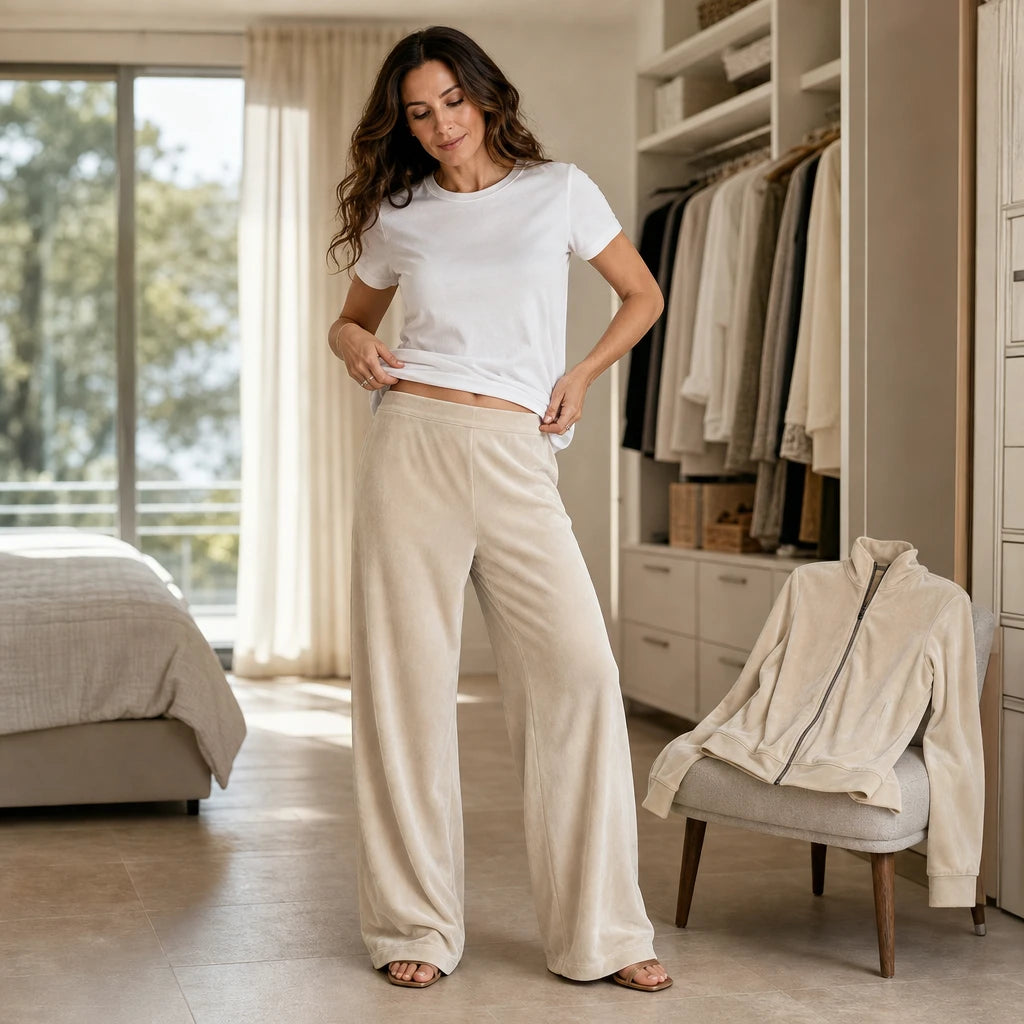 Veloura – Velvet Zip-Front Top And Wide-Leg Pants Set