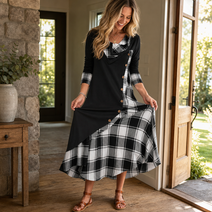 Wovelle – Plaid Patchwork Cowl Neck Midi Dress