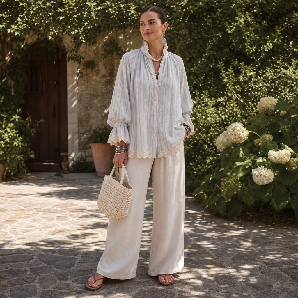 Lacey Lane – Striped Lace-Trim Linen-Blend Shirt