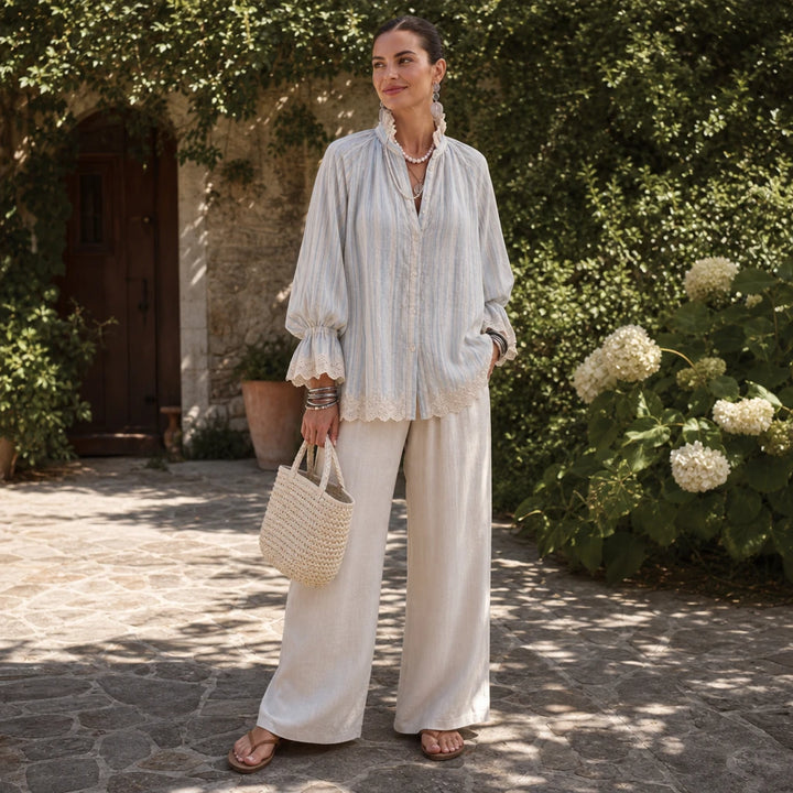 Lacey Lane – Striped Lace-Trim Linen-Blend Shirt